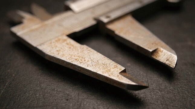 Vintage rusty metal vernier caliper on a dark textured industrial background