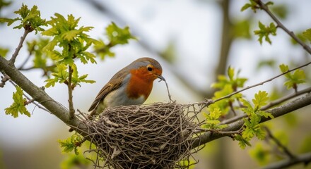 A European Robin perches on a branch, attentively holding a twig in its beak while sitting in a nest made of intertwined twigs and leaves.