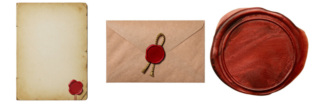 Collection of vintage paper, kraft envelope with wax seal, and a standalone red wax stamp, isolated on transparent.