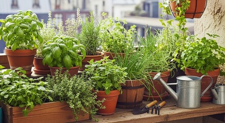 Fototapeta premium A wooden table on a balcony holds numerous potted plants including basil, rosemary, and thyme, with gardening tools and a watering can nearby.