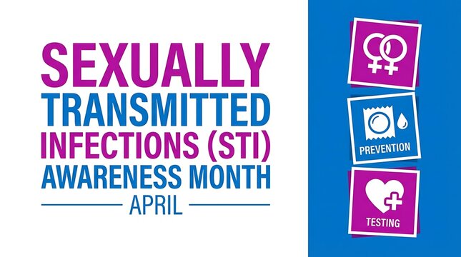 Sexually transmitted infections awareness month April poster with icons for prevention and testing and symbols for female and male