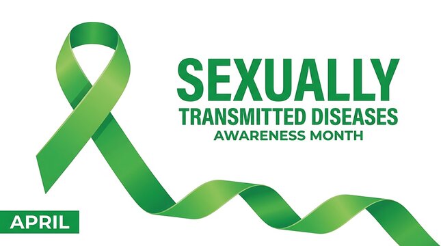 Sexually transmitted diseases awareness month April with green ribbon and text over white background