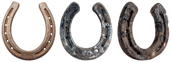 A photograph of three rustic, antique horseshoes in different conditions. © Feroz Qazi