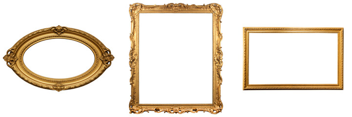 Collection of ornate vintage golden picture frames with intricate carvings, isolated on transparent background. © Feroz Qazi