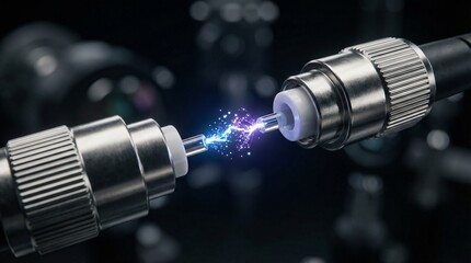 Precision Photonics Alignment with Glowing Light Particles: High-Tech Optical Connectivity showing Laser Diode Couplers and Fiber Optic Data Transmission Concept