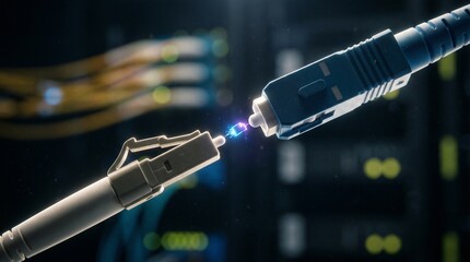 High-Speed Data and File Transfer Concept: Futuristic Fiber Optic Connectivity showing Glowing Digital Document Icon and Network Synergy in a Server Room Environment