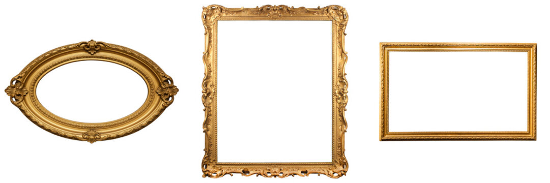 Collection of ornate vintage golden picture frames with intricate carvings, isolated on transparent background.