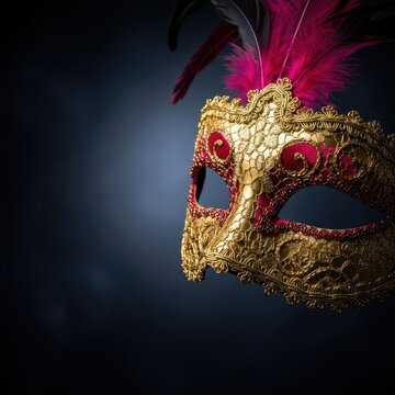 Opulent gold and crimson velvet masquerade mask featuring intricate lace and shimmering feathers, set against a mysterious dark backdrop, hidden, velvet, celebration