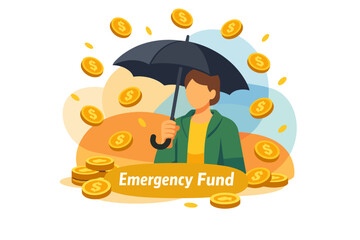 Person holding umbrella protecting emergency fund from falling coins. © nasyih