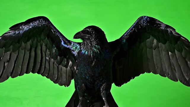 Black crow, wings spread, green background, chroma key, bird in flight, wildlife, animal, raven 4k video ai