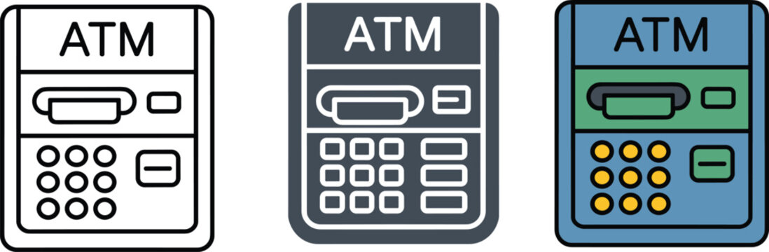 Automated Teller Machine ATM Vector Icon Set Featuring Outline Silhouette and Color Designs for Banking Finance and Payment Interface