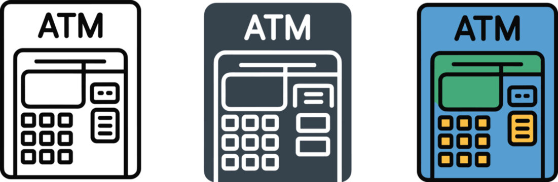 Automated Teller Machine ATM Vector Icon Set Featuring Outline Silhouette and Color Designs for Banking Finance and Payment Interface