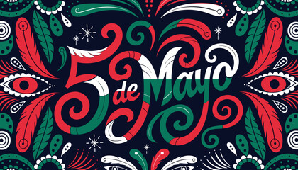 Fototapeta premium Cinco de Mayo festive banner with ornate lettering and Mexican folk art patterns. 5 de Mayo holiday greeting card vector illustration. Concept Cinco de Mayo, Mexican Independence Day.