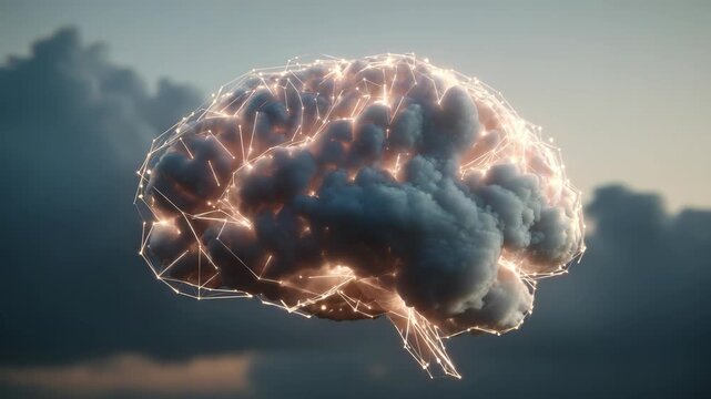 A cloud shaped brain with illuminated neural pathways represents the fusion of AI, creativity, and cloud computing. This visionary scene highlights the future of digital intelligence and technology