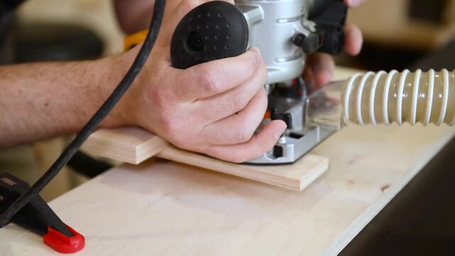 Skilled carpenter flexing his muscles while using router at construction site. Wood router in action smoothly cutting into a wooden surface. shot highlights woodworking craftsmanship