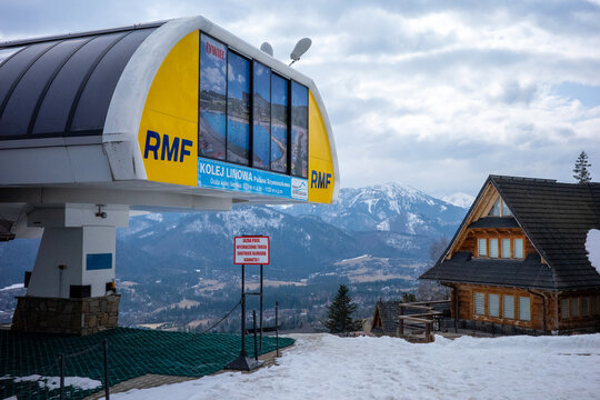 Zakopane, Lesser Poland, Poland - March 22, 2026: The upper station of the Polana Szymoszkowa cable car overlooks the Tatra Mountains under a cloudy sky.