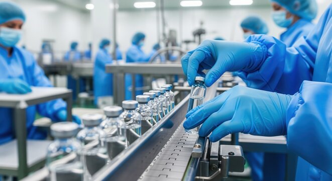 Factory workers in blue protective suits handle small bottles on an assembly line in a clean facility. Multiple employees work at stations in the sterile environment for pharmaceutical production.