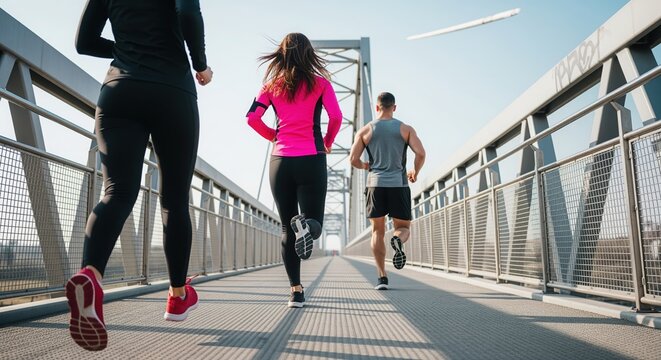 Three runners exercising on a sunny pedestrian bridge. A woman in bright pink leads the group on the modern metal pathway. Perfect for fitness, health, wellness, and active lifestyle.