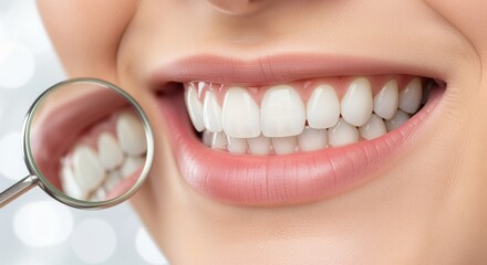 Fototapeta premium Close-up of a bright white smile with healthy teeth and pink lips. A magnifying glass highlights dental details. Ideal for dental care, orthodontics, cosmetic dentistry materials.