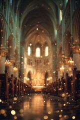 Fototapeta premium softly blurred warm interior of a beautiful Catholic church or cathedral with tall stone columns and golden ambient light, bokeh effect, glittering golden particles in the air.