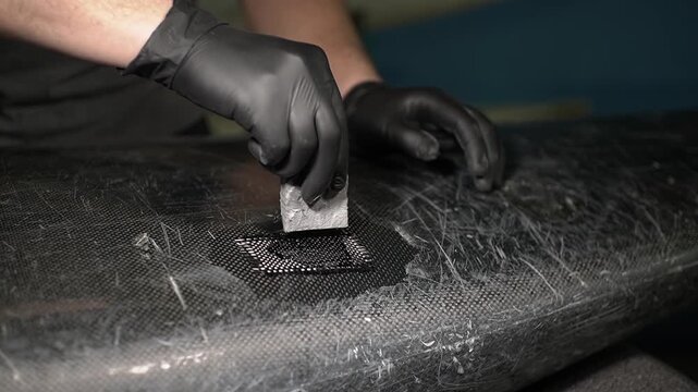 Boat repair. Apply resin. Carbon fiber. Slow motion video. High quality 4k footage