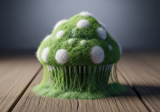 A forgotten cupcake covered in bright green and white fuzzy mold, sitting alone on a wooden table, emphasizing decomposition and rot, macro, disgusting, fungus