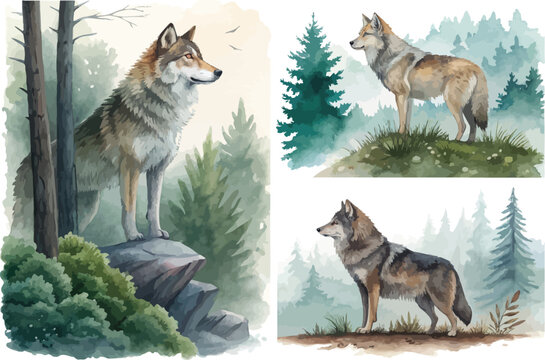 set of Watercolor Wolf Painting, Wild Forest Animal vector illustration isolated on white background