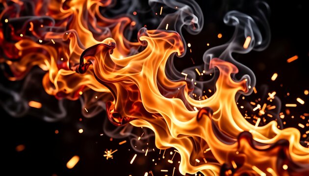 bright orange and yellow flames on a dark background. There are also sparks.