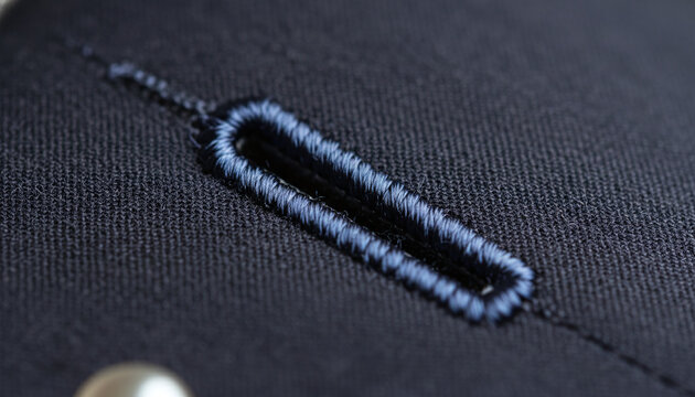 Hand stitched Milanese buttonhole on navy blue wool suit lapel macro