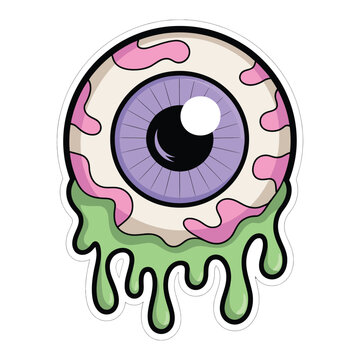 A cartoon eyeball with purple iris and green slime dripping from it.