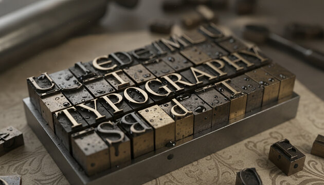 Vintage metal letterpress movable type blocks coated in wet glossy black ink
