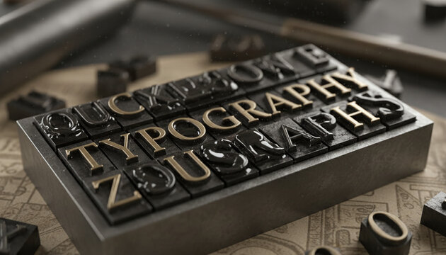 Vintage metal letterpress movable type blocks coated in wet glossy black ink