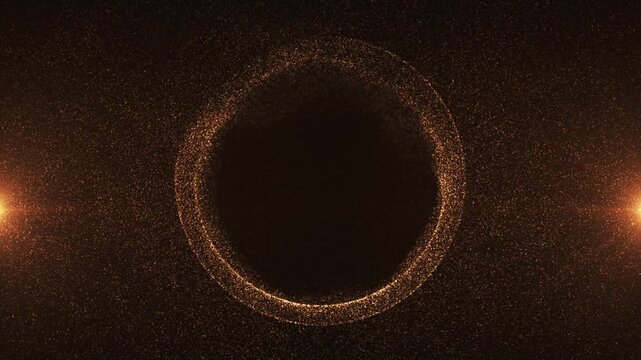 Golden particle ring forming a glowing circular frame with sparkling dust and depth, creating a futuristic abstract energy background.