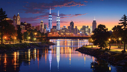 Obraz premium Riverfront City Skyline at Sunset with Bridge and Reflected Lights