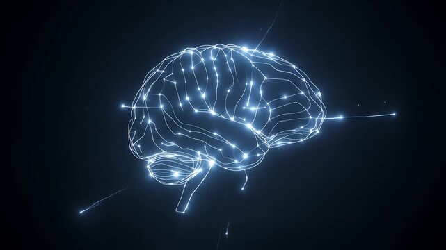 Abstract AI brain concept with glowing connections and moving pulses. Futuristic seamless loop in 4K, perfect for technology, intelligence, and data themes.