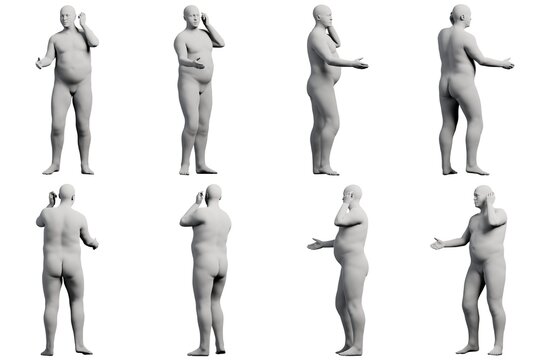 3D Fat Man posing 8-View Matte Black White