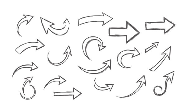 Hand drawn black curved and looped arrows set white handdrawn