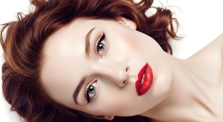 Fototapeta premium Beautiful Woman with Red Lipstick and Perfect Skin