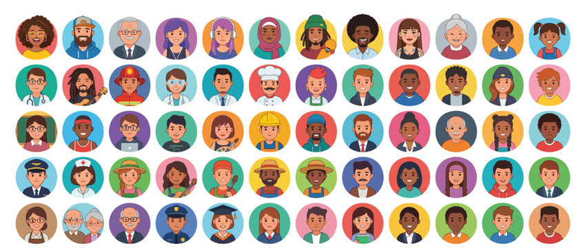 Diverse group of cartoon character faces.