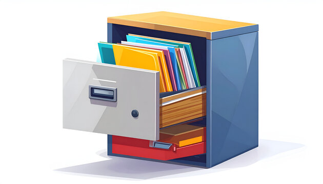 Filing cabinet with open drawer cartoon illustration storing documents and folders