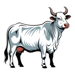 Fototapeta premium Majestic white cow with horns standing in profile, realistic illustration.