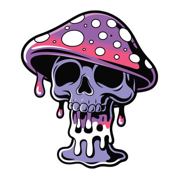 Melting skull mushroom illustration with vibrant purple and pink psychedelic art.