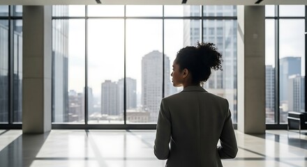 Fototapeta premium Successful businesswoman looking out large office window at cityscape, contemplating future opportunities and career growth.