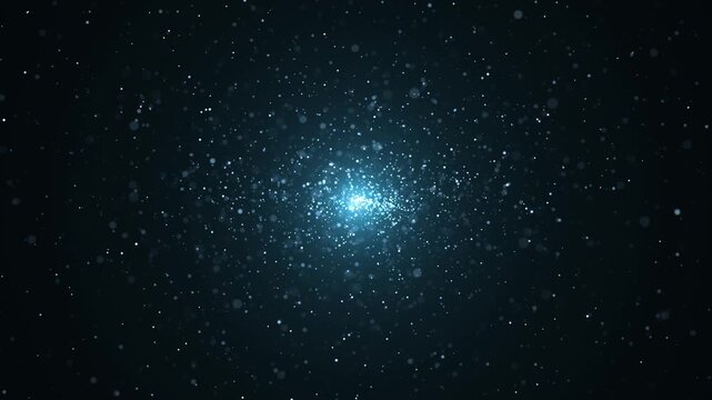 Blue glowing particle cluster forming a bright center in deep space, creating a cosmic star field with depth and smooth motion on a dark background. Seamless loop abstract