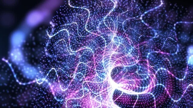 Colorful glowing particles and flowing light lines forming an abstract energy field with vibrant motion, creating a futuristic digital background.