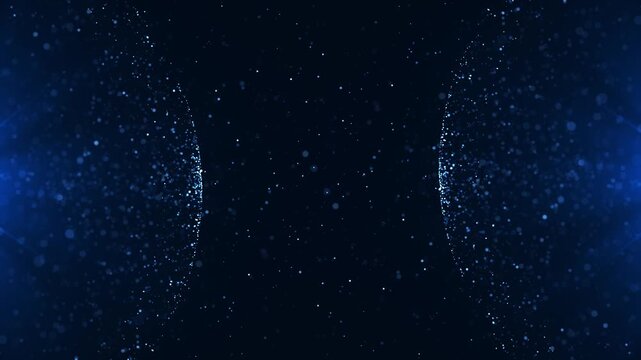 Blue glowing particles forming two symmetrical fields in deep space, creating a futuristic abstract cosmic background with depth and subtle motion. Seamless loop abstract
