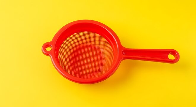 Red plastic mesh strainer with handle on yellow background for kitchen use
