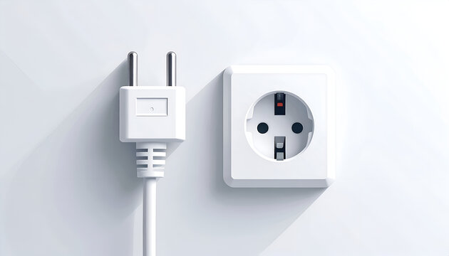 White electric plug near the socket on a white wall in studio lighting style