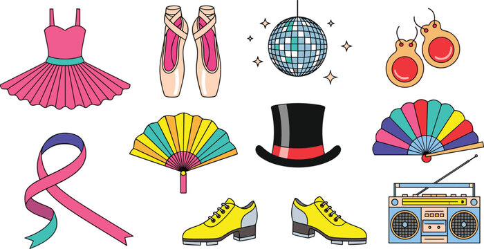 Dance styles and performing arts equipment flat icon set