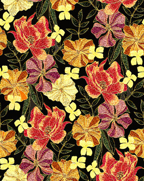 Allover pattern abstract mix floral flowers design seamless creative effect different type  leaves in repeat for digital print trending fashion saree suit kurti parda chader rug all type fabric print.